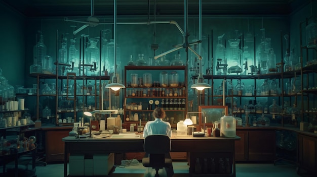 a lab with a microscope and a row of test tubes