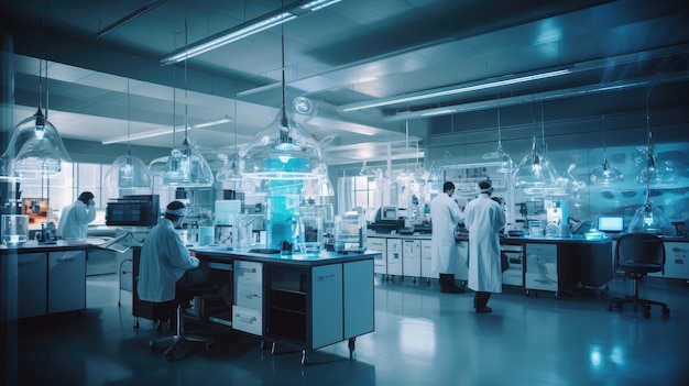 A lab with people working in it and a blue background