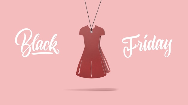 Photo a label in shape of the fashion womens dress made of cardboard on a purple background. calligraphic text is black friday. the concept of sales