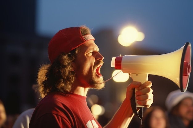 Foto attivista laburista che protesta con il megafono durante una manifestazione