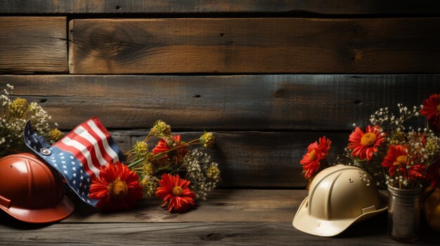 Labor Day achtergrond met Amerikaanse vlag hardhoeden en bloemen