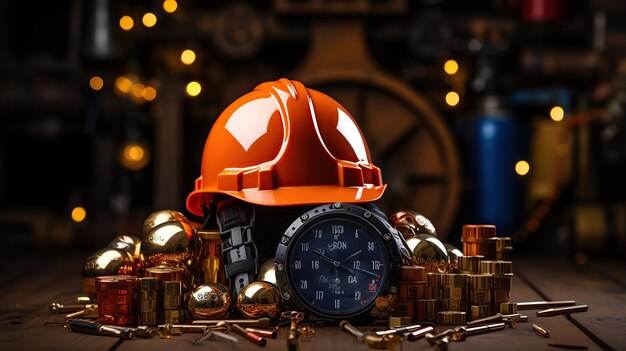 Labor day celebration Work helmet various tools for the worker