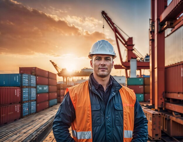 Labor Day Cheers Dockworker Overlooking Container Port