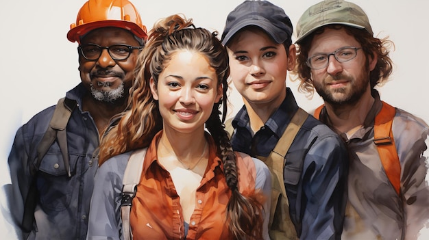 Photo labor day concept group of different workman in watercolor style