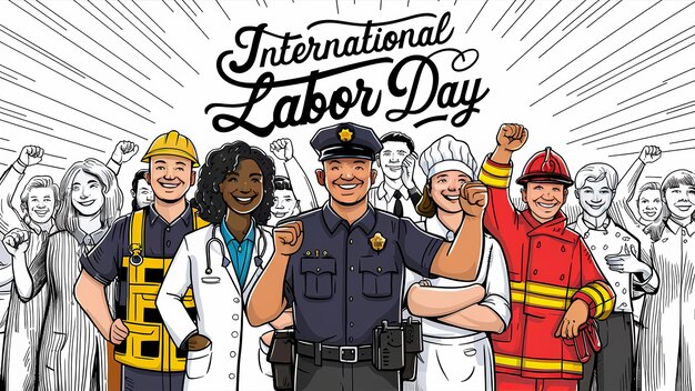 Labor Day Een groep mensen die verschillende banen doen bouwvakkers vrouwelijke artsen politieagenten koken brandweerlieden die samen staan op Labor Day