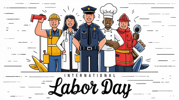 Labor Day Een groep mensen die verschillende banen doen bouwvakkers vrouwelijke artsen politieagenten koken brandweerlieden die samen staan op Labor Day