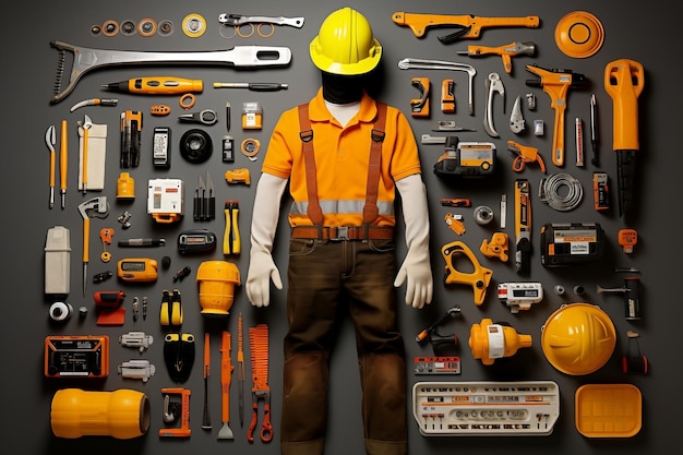 Labor Day Essentials Flat Lay of Workers' Tools AI