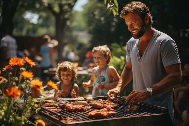 Labor Day Fun Family Enjoying a Backyard Barbecue Generative AI