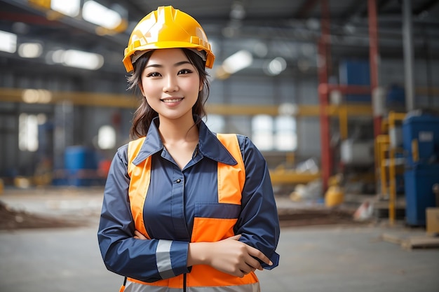 安全ヘルメットと制服を着た労働者の日の女の子