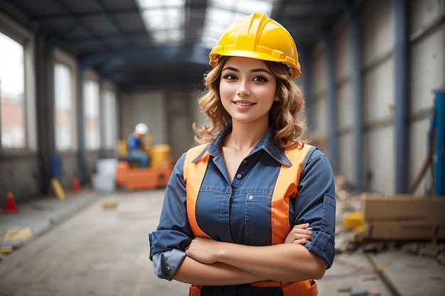 Ragazza della festa del lavoro con casco di sicurezza e uniforme