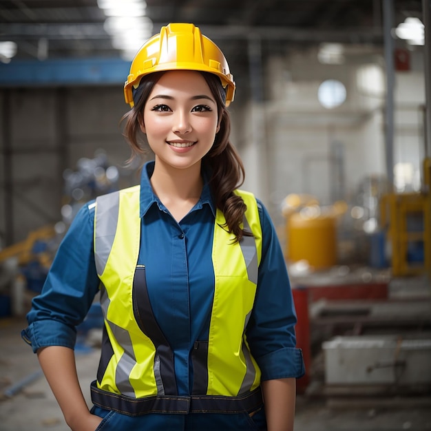 Foto ragazza della festa del lavoro con casco di sicurezza e uniforme