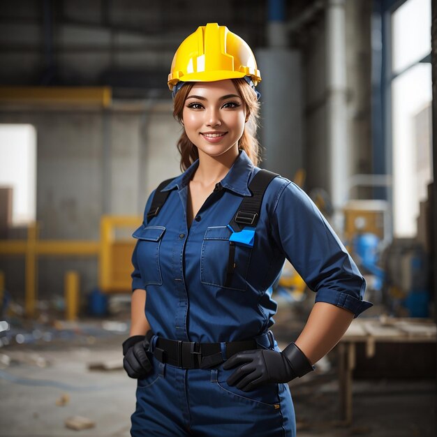 Ragazza della festa del lavoro con casco di sicurezza e uniforme