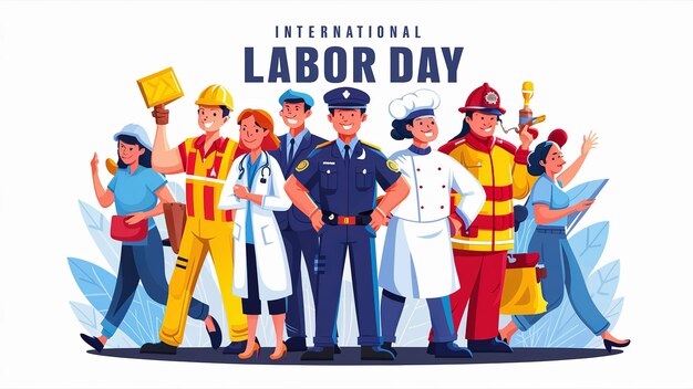 Labor Day A group of people doing different jobs Construction workers female doctors policemen cooks firefighters standing together on Labor Day