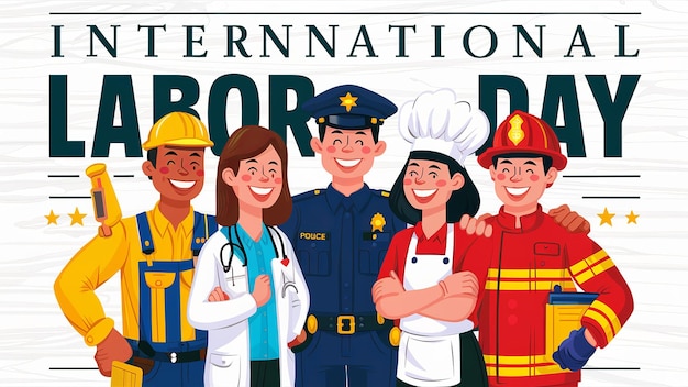 Labor Day A group of people doing different jobs Construction workers female doctors policemen cooks firefighters standing together on Labor Day