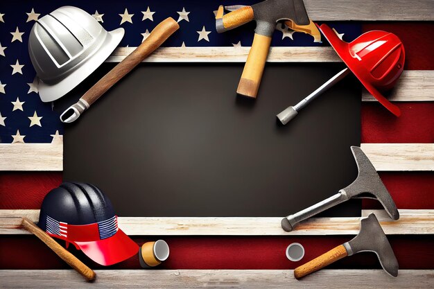 LABOR DAY Hand tools and the Flag of the United States of America Generative Ai