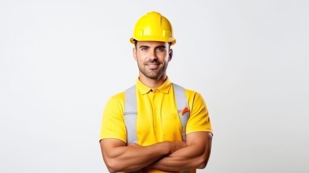 Photo labor day image front view of male builder in uniform and yellow helmet on white wall