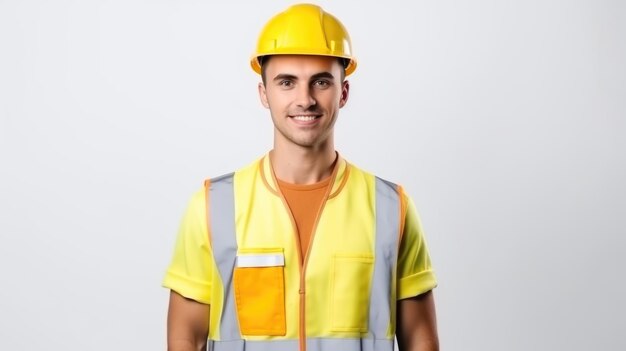 Photo labor day image front view of male builder in uniform and yellow helmet on white wall