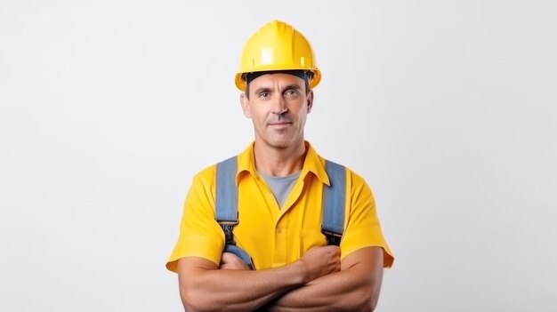 Образ Дня труда Фронтовый вид строителя в униформе и желтом шлеме на белой стене