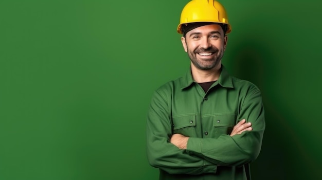 Foto immagine di un lavoratore in casco su uno sfondo verde sulla parete