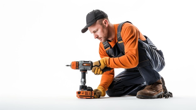 Photo labor day image workman with drill on white background