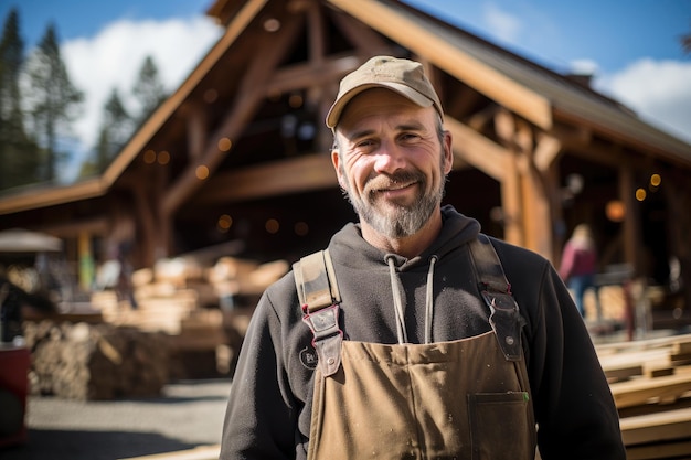 Labor day male carpenter stands in front of the sawmill