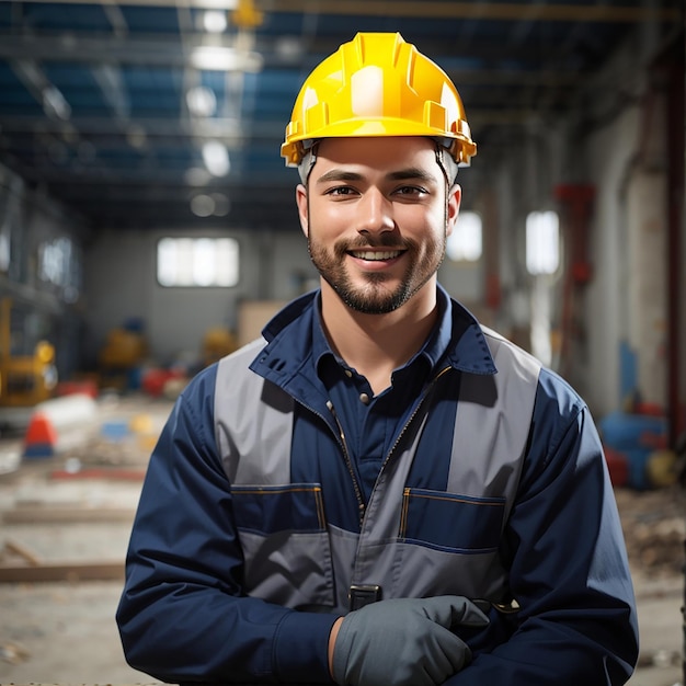 Foto giorno di lavoro uomo operaio costruttore casco di sicurezza uniforme di sicurezza