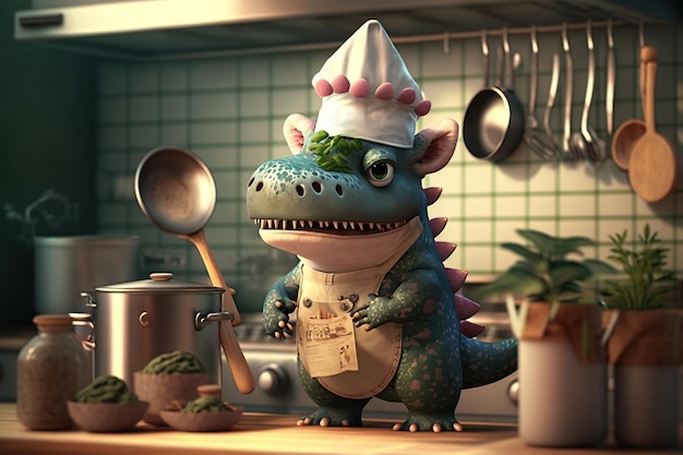 Labor Day mini dino chef-kok in de keuken Generatieve AI illustratie