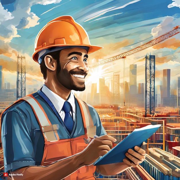 Labor day painting of a construction worker holding a tablet in his hands