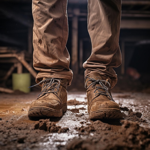 Фото Фотография рабочего дня в грязной обуви и с молотком в руках