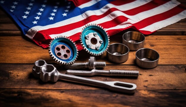 Шаблон плаката ко Дню труда США Празднование Дня труда с американским флагом Защитная каска и инструменты