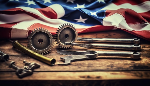 Labor Day poster template USA Labor Day celebration with American flag Safety hard hat and tools