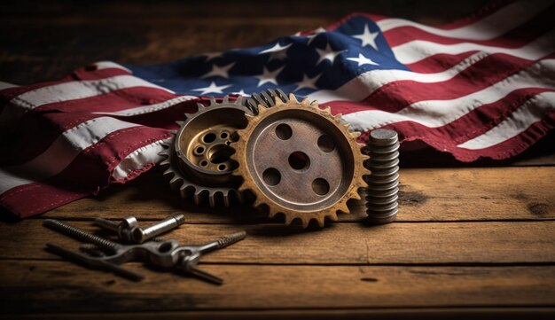 Labor Day poster template USA Labor Day celebration with American flag Safety hard hat and tools