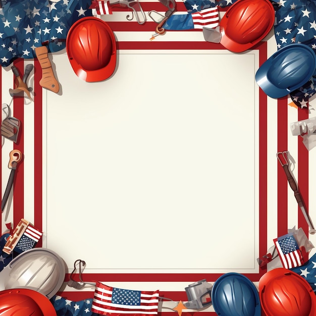 Photo labor day poster template usa labor day celebration with american flag safety hard hat and tools