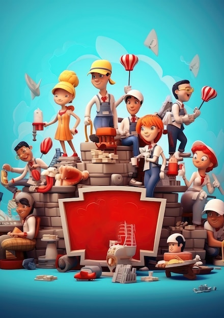 Photo the labor day poster with 3d cartoon character in toy style