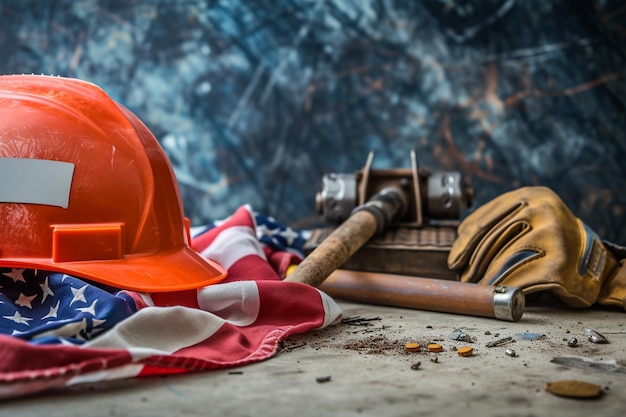 Labor Day Still Life with American Flag and Work Items National Safety Day