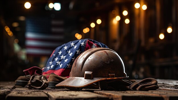 Labor Day Symbolic Flag Tools amp Hard Hat in Construction Site A Patriotic Tribute to Hardworking