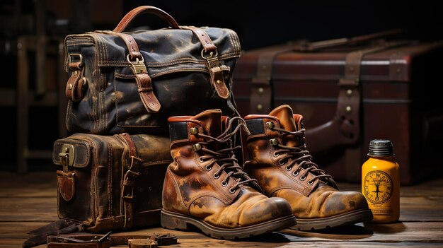 Photo labor day tribute timeweathered boots and lunchbox vintage workwear still life in sepia