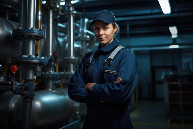 День труда Женщина-инженер на заводской системе отопления и кондиционирования воздуха
