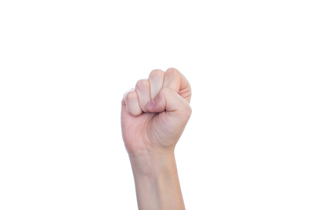 Photo labor work conflict number start countdown concept. close up photo of woman's hands make give clenched fist isolated white background copy space