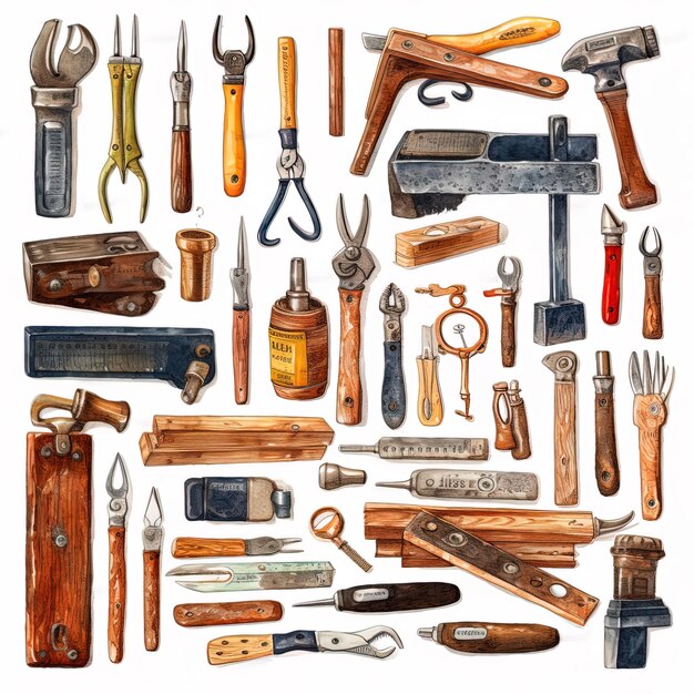 labor worker tools on isolated white background knolling style