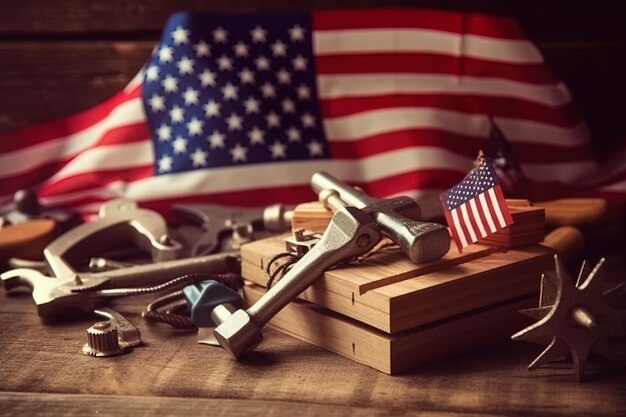 Photo labor workers tools with the usa flag in the background