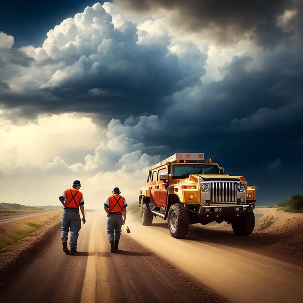 Labor working on the road side with blue sky weather