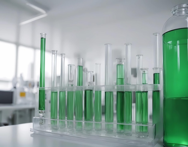 Laboratorium met proefbuizen met groene biobrandstof
