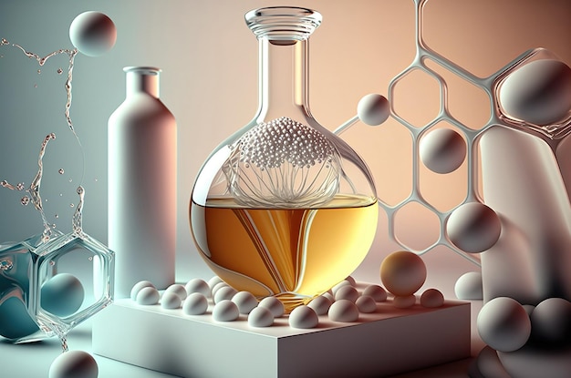 Foto laboratorium voor parfumproductie parfumflesjes vloeibare essentieolie met een molecuul generatieve ai