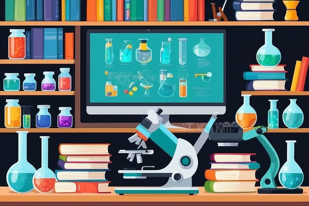 Laboratoriumapparatuur potten bekers kolven microscoop en stapel boeken computer met software Biolog