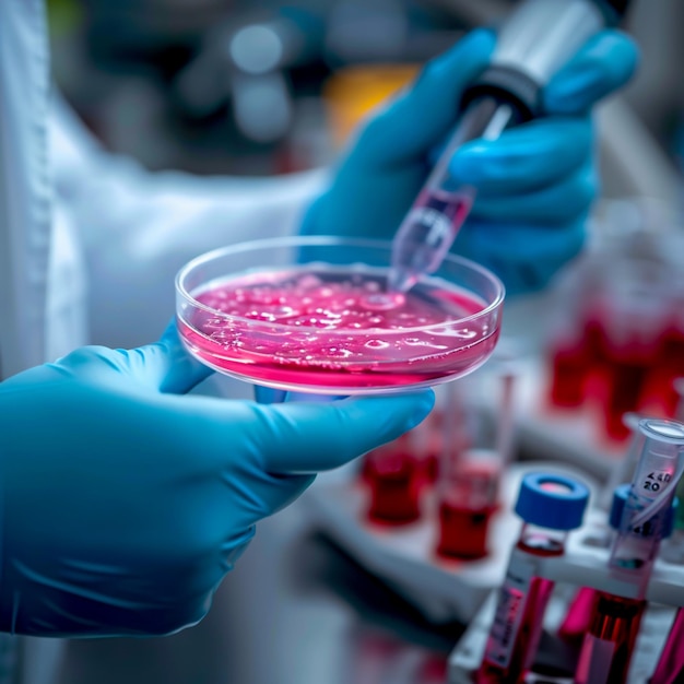 Laboratoriumexploratie Wetenschapper houdt een Petri-schotel in een modern laboratorium voor sociale media Postgrootte