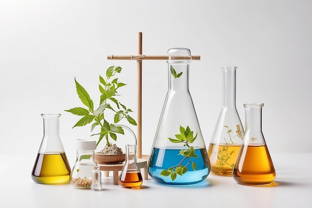 laboratoriumglasapparatuur met natuurlijke ingrediënten op witte achtergrond