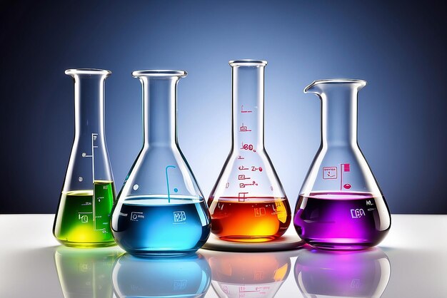 Laboratoriumglaswerk met vloeistoffen van verschillende kleuren met reflecties op tafel Met knipproces