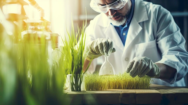 Laboratoriumtechnicus en bloemist werken met planten Illustratie gegenereerd door AI