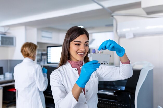 Foto assistente di laboratorio che mette le provette nel supporto medico scienziato che esamina la provetta per l'analisi del sangue che lavora all'esperimento di biochimica nel laboratorio dell'ospedale di microbiologia